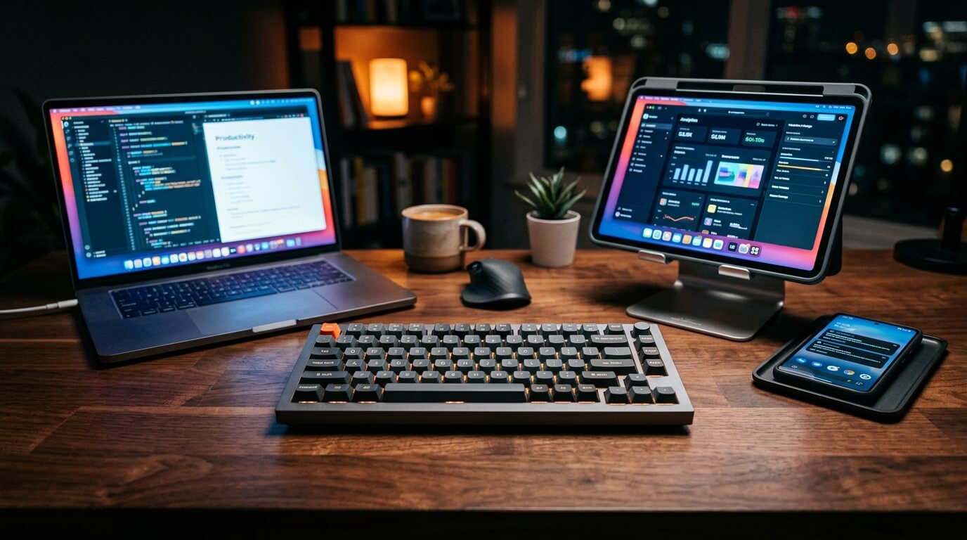 Quiet office desk setup with a keyboard and microphone